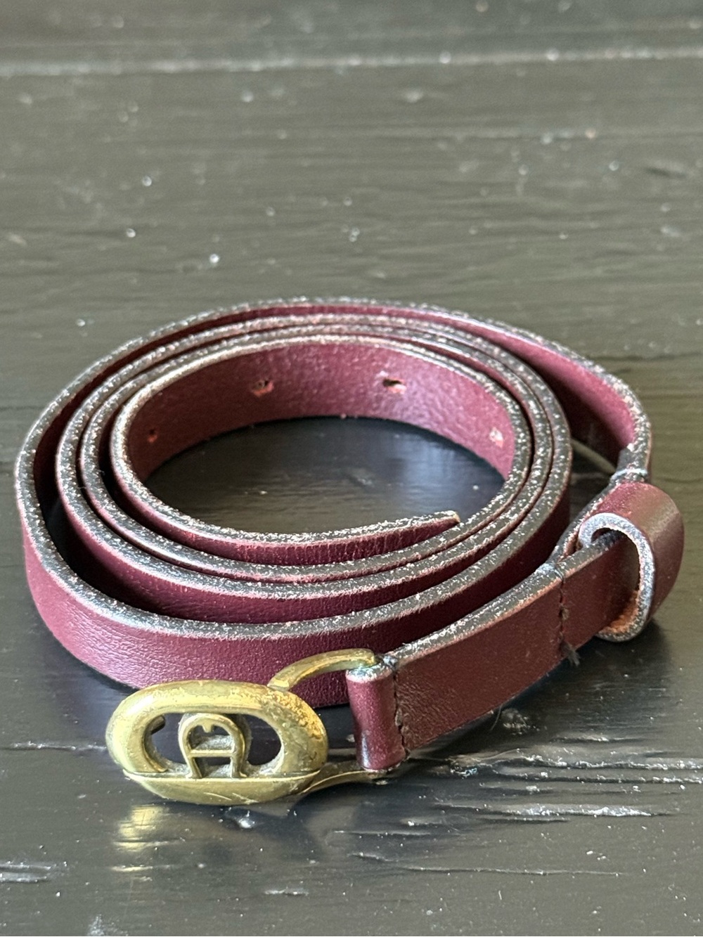 Etienne Aigner Burgundy Leather Skinny Belt with Brass Logo Buckle